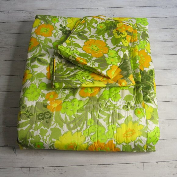 Regency Vintage MCM Full Size Quilted Bedspread Pillow Sham Set Retro Mod Floral - Picture 2 of 6